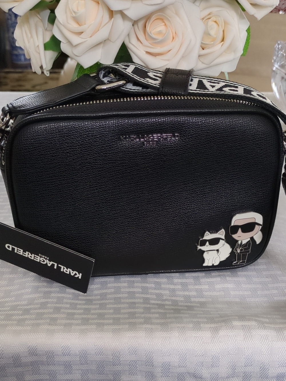 Karl Lagerfeld Black Pebbled Crossbody with Character Patch and Logo Strap